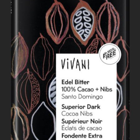 Vivani 100% Cacao + Nibs Superior tumma suklaa 80g 
