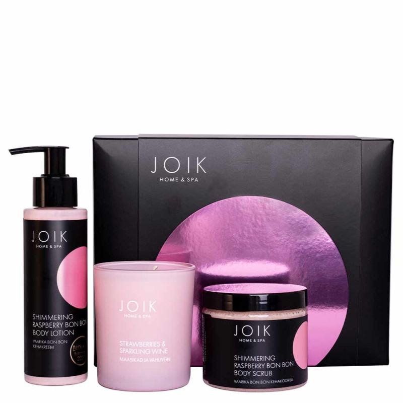 JOIK Home & Spa Raspberry Bon Bon Gift Box vartalokuorinta, vartalovoide + tuoksukynttilä 20%ALE
