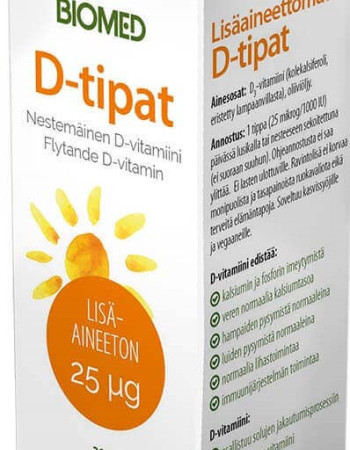 Biomed D-tipat 25ug D3 + oliiviöljy lisäaineeton 20ml HELMIKUUN HELMET TARJOUS (ennen 13,95€)
