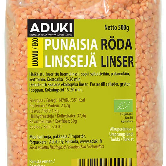 Aduki Punainen linssi halkaistu, kuorittu luomu 500g