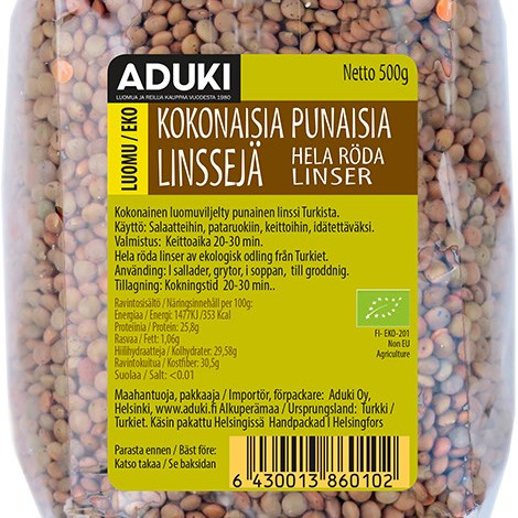 Aduki Punainen linssi, kokonainen 500g aka ruskea linssi