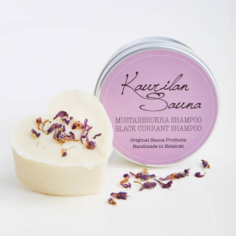 KAURILAN SAUNA Mustaherukka-palashampoo (shampoopala metallirasiassa), 90 g